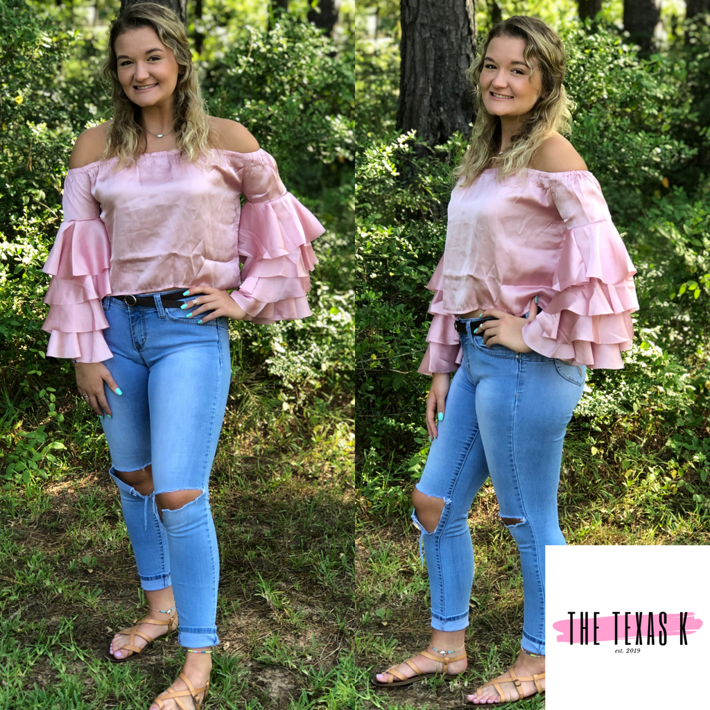 Off The Shoulder Light Pink Ruffle Sleeve Top